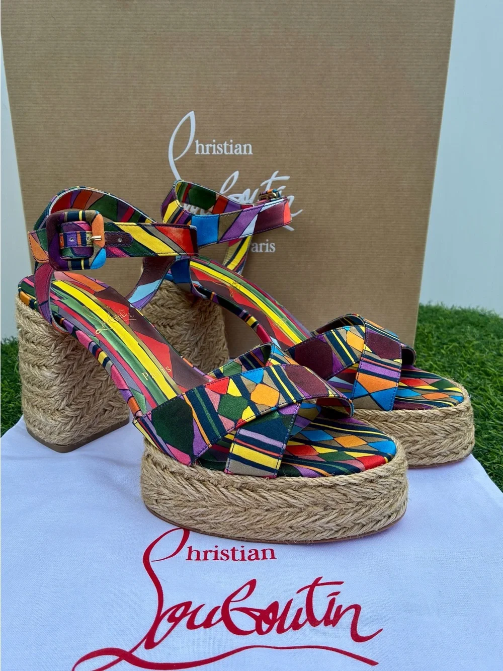 CHRISTIAN LOUBOUTIN CALAKALA 85 ESPADRILLE BLOCK HEEL MULTICOLOR SANDALS SZ 40